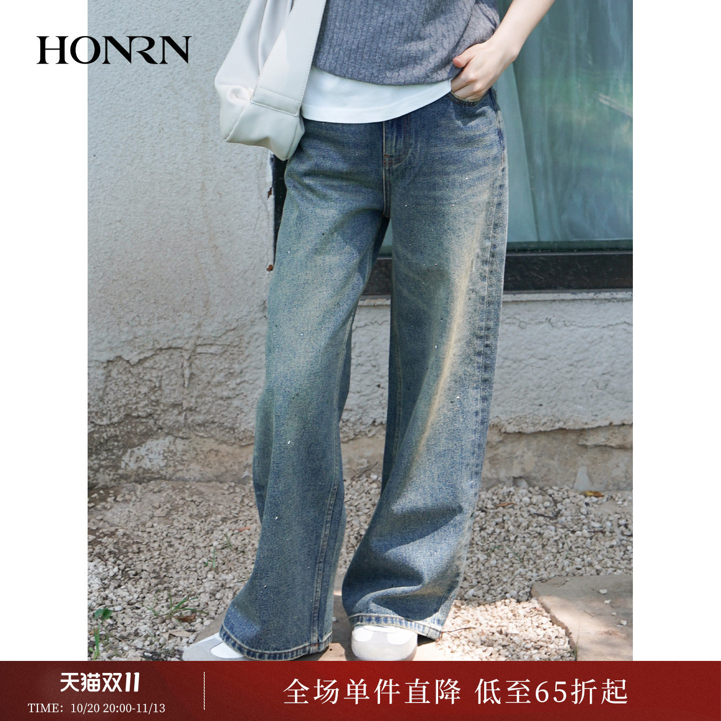 红人复古宽松阔腿蓝色牛仔裤女