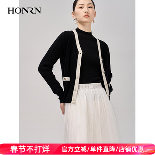 HONRN/红人秋季黑色长袖v领羊毛衣针织衫上衣外套女开衫HI39OM006