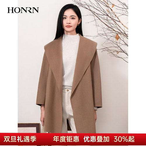 HONRN/红人系带山羊绒羊毛呢大衣