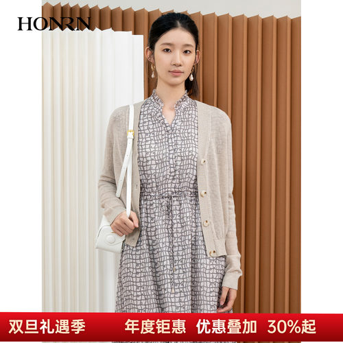 HONRN/红人休闲v领羊毛针织开衫