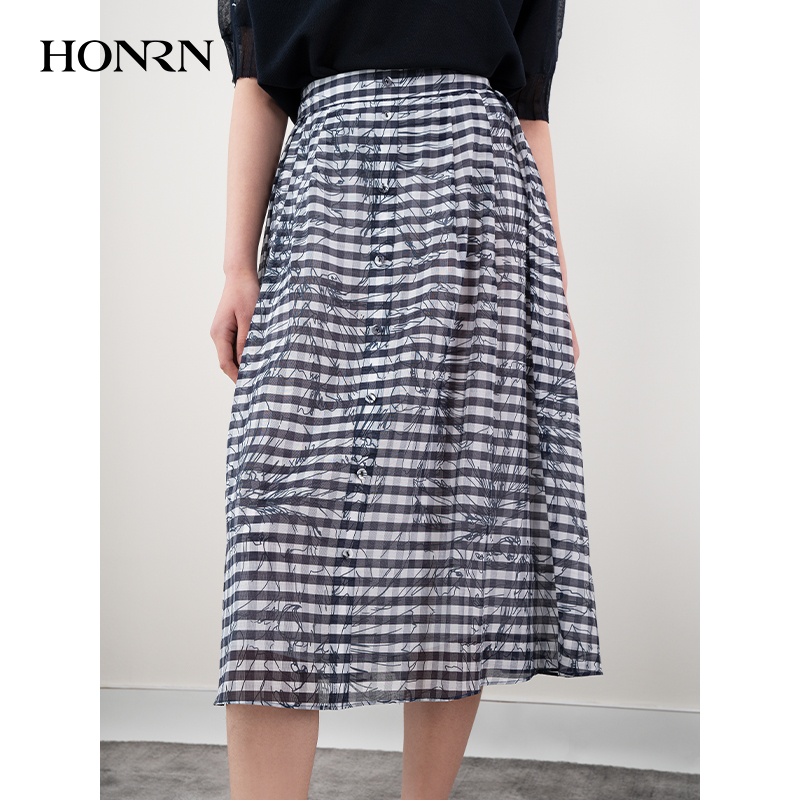 HONRN/红人气质格子长裙子a字遮肚子显瘦半身裙女夏季HH22OQ922