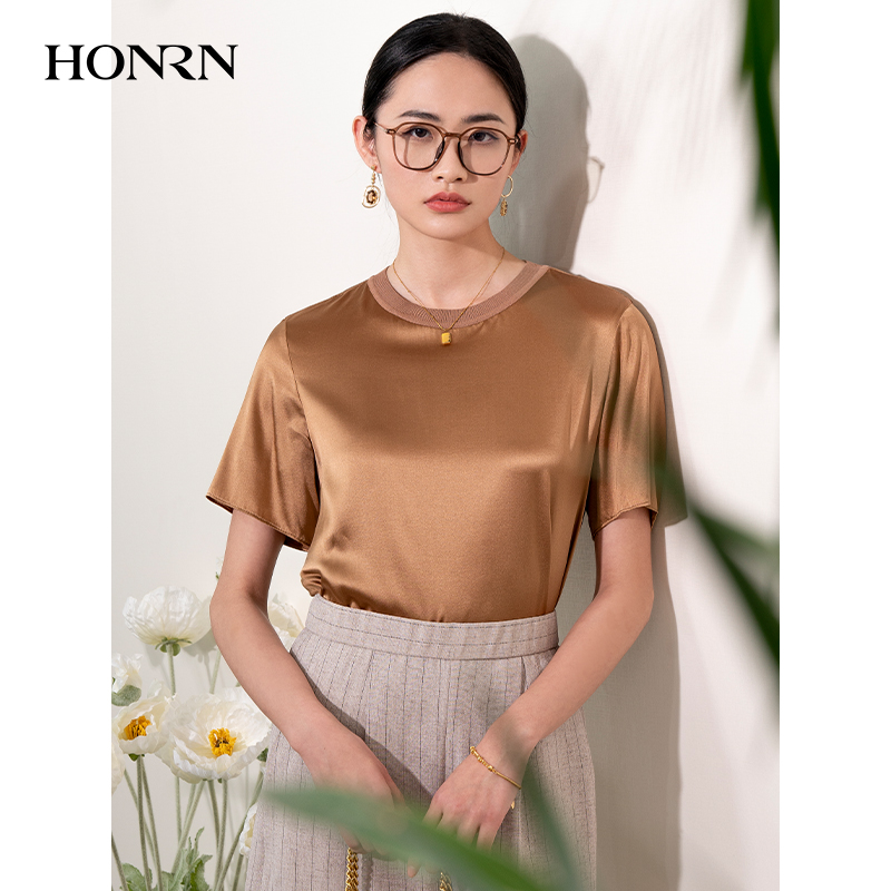 HONRN/红人宽松薄款桑蚕丝真丝圆领短袖正肩女t恤上衣夏HI22SY524