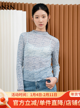 HONRN/红人木耳边半高领长袖套头打底衫t恤上衣女春秋HI33SY218