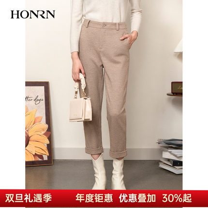 HONRN/红人修身九分裤子双面羊毛呢子直筒休闲裤女秋冬HI55OK153