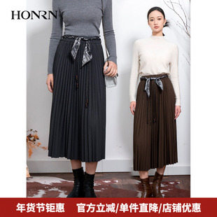 HONRN/红人腰带松紧腰秋冬款a字裙子百褶半身裙女中长款HK59OQ070