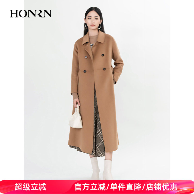 HONRN/红人中长款系带收腰显瘦羊毛呢子大衣外套女冬季HI59OD082