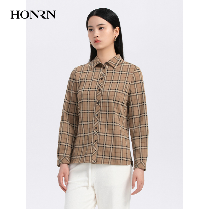 HONRN/红人时尚气质修身显瘦长袖格子衬衫女上衣春秋HH33OC302
