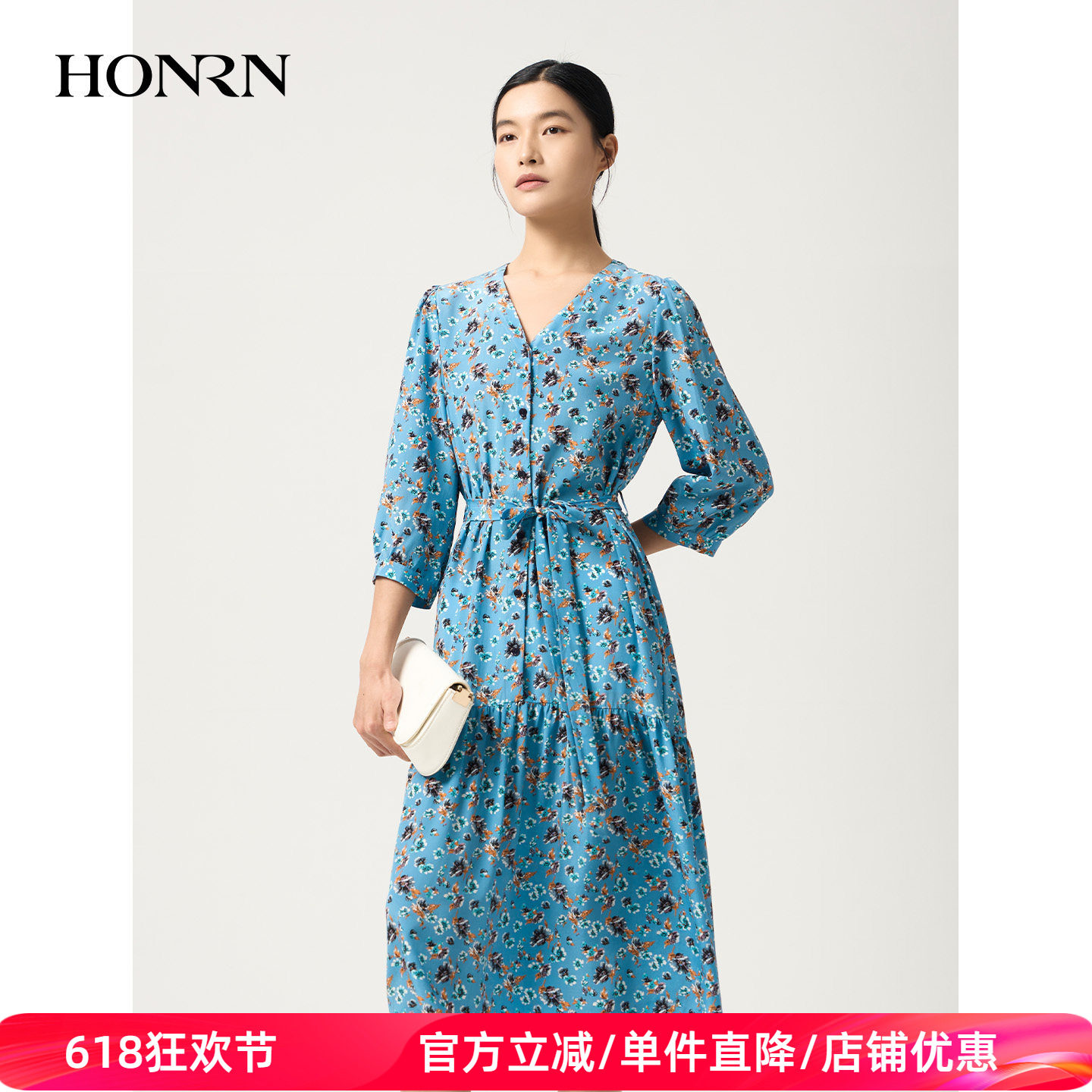HONRN/红人桑蚕丝碎花连衣裙V领系带显瘦气质中长裙女夏HJ22OL050