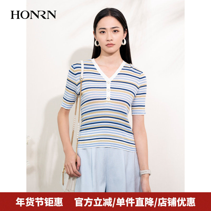 HONRN/红人薄款修身显瘦条纹短袖V领套头针织衫上衣女夏HI22OM111