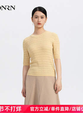 HONRN/红人修身桑蚕丝真丝中袖圆领针织衫上衣女早秋HH33OM677