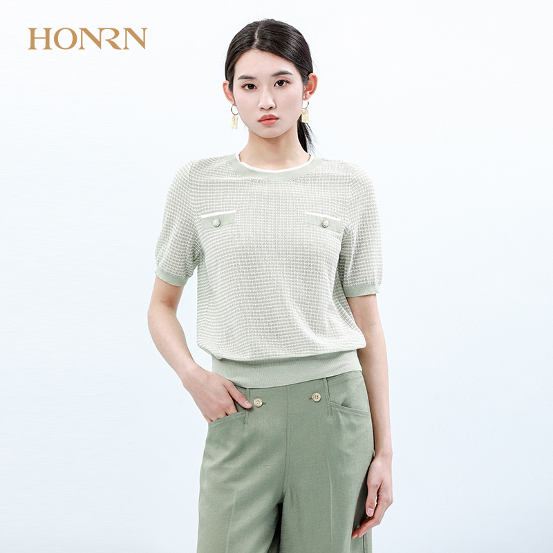 HONRN/红人休闲气质绿色圆领套头短袖薄款显瘦针织衫上衣t恤女夏