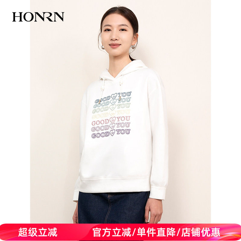 HONRN/红人休闲时尚宽松显瘦白色连帽卫衣上衣女春秋款HI11SY066