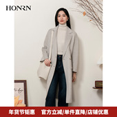 HONRN 红人双排扣中长款 双面羊毛呢子大衣外套女秋冬HI55OD022