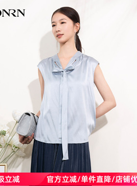 HONRN/红人宽松蓝色薄款桑蚕丝真丝v领系带衬衫女上衣夏HI22SY609