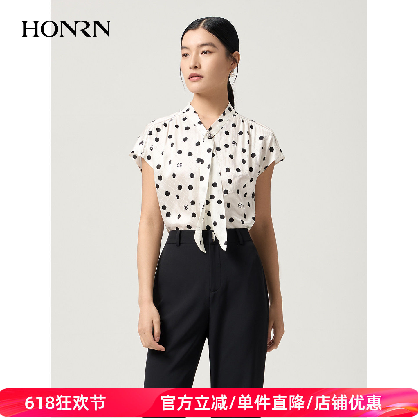 HONRN/红人桑蚕丝波点印花法式系带短袖衬衣衬衫女夏HJ22OC921