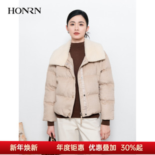 HONRN 红人骆驼绒毛羊毛领桑蚕丝白鹅绒羽绒服外套女冬HI55YR440