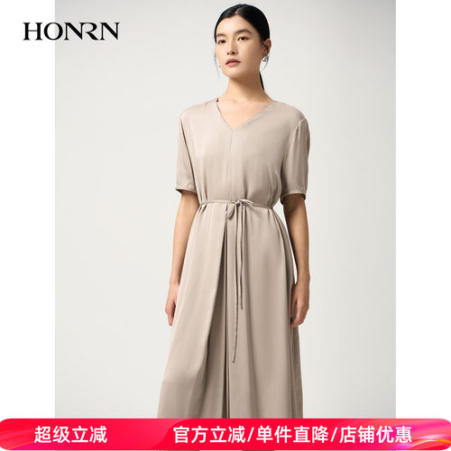 红人优雅桑蚕丝V领收腰连衣裙