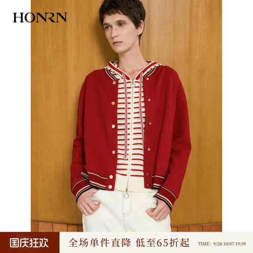 HONRN/红人红色棒球服针织开衫