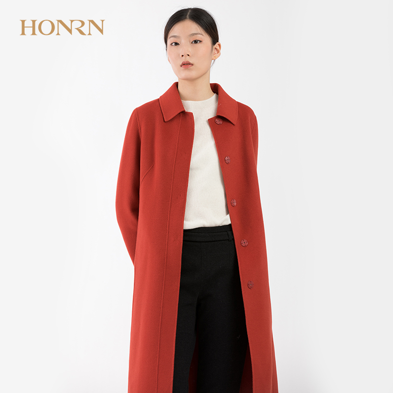 HONRN羊毛休闲A字摆系带收腰外套