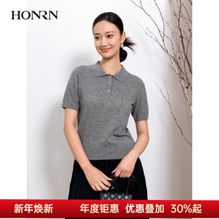 HK39OM005 初秋单穿显瘦灰色针织衫 HONRN 红人羊毛套头POLO领短袖