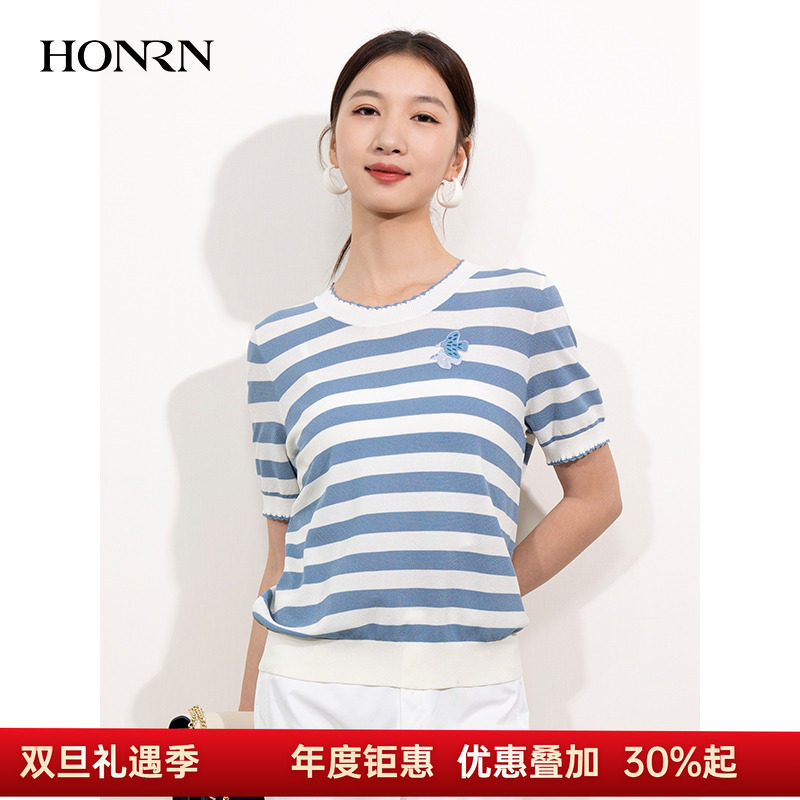 HONRN/红人圆领套头蓝白色针织衫