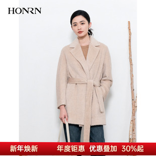 HONRN 红人气质系带收腰羊驼毛羊毛呢子大衣外套女秋冬HI55OD075