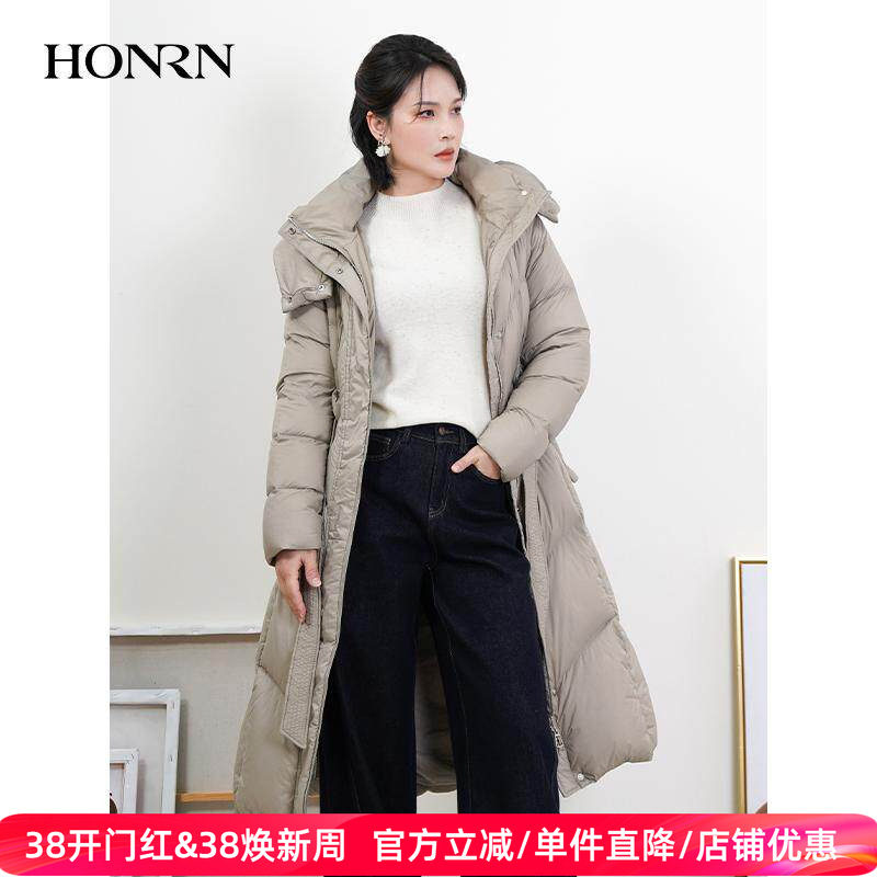 HONRN/红人轻薄长款系带收腰连帽鸭绒羽绒服女款冬季HJ59YR249
