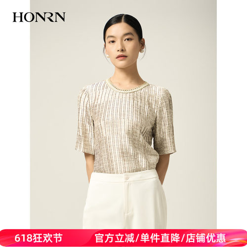 HONRN/红人印花压褶短袖衬衫上衣
