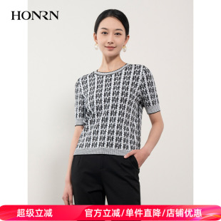 短款 HONRN 红人修身 短袖 上衣女HH11OM674 圆领打底内搭套头针织衫