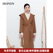 HONRN 红人连帽系带收腰双面羊毛呢子大衣外套女秋冬HI55OD755
