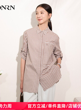 HONRN/红人休闲条纹纯棉衬衣衬衫女设计感小众上衣夏季HI22OC508