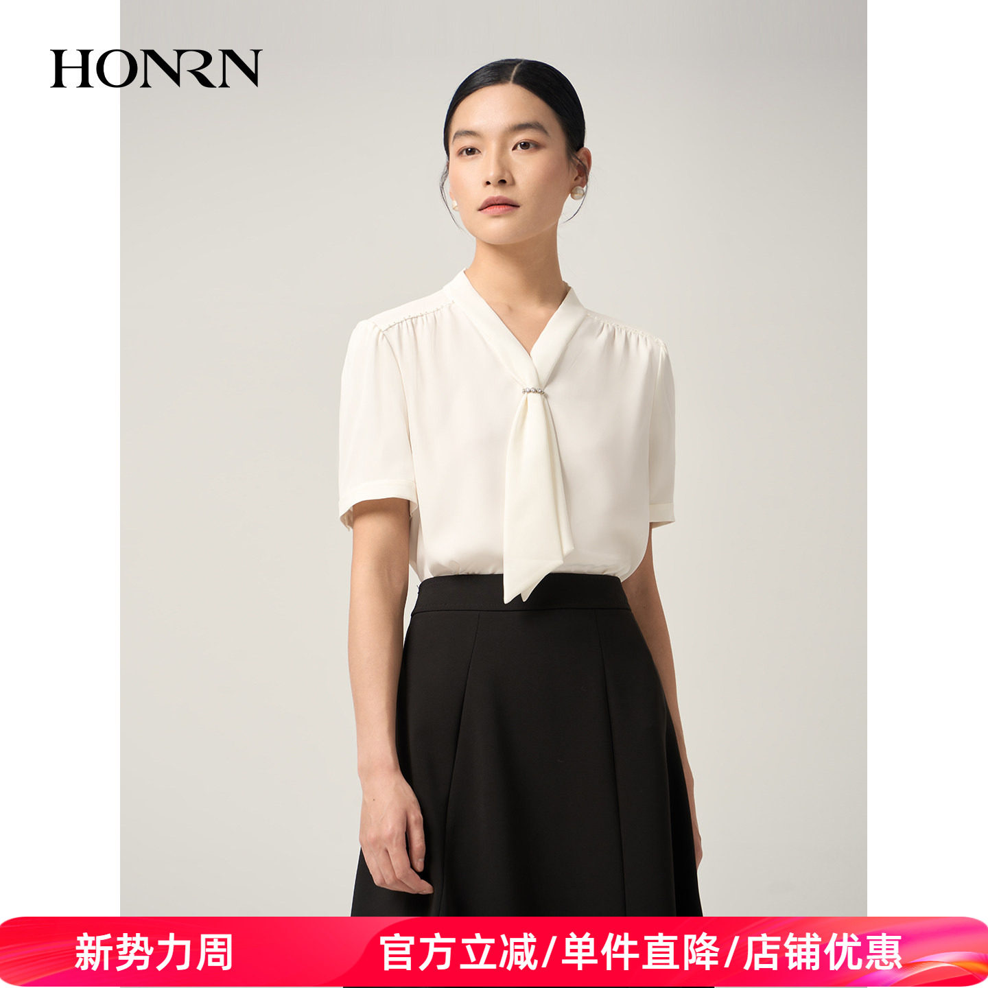HONRN/红人白色气质飘带v领设计感女士短袖衬衫上衣夏季HJ22SY940