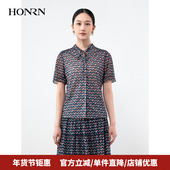HONRN HH22OZ264 上衣女夏季 红人休闲气质设计感短袖 立领印花衬衫