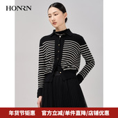 HONRN 外套上衣女秋HI39OM001 开衫 红人黑白条纹修身 羊毛衣针织衫