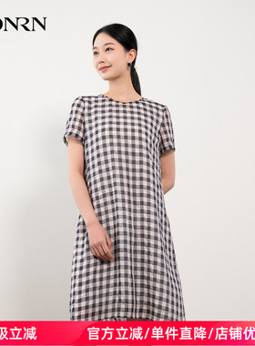 HONRN/红人格纹印花裙子遮肚子显瘦直筒连衣裙女夏季HH22OL625
