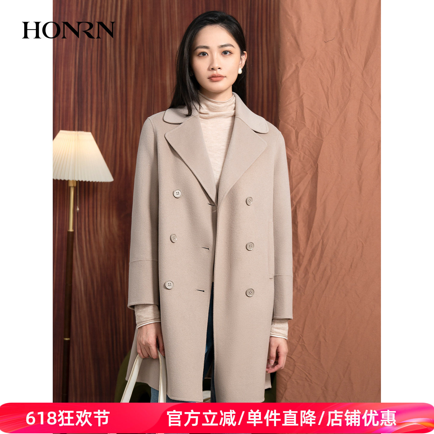 HONRN/红人西装领双面山羊绒羊毛呢子大衣外套女秋冬HI55OD482