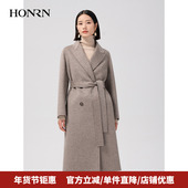 HONRN 红人系带收腰中长款 双面羊毛呢子大衣外套女秋冬HI59OD005