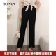 垂坠感女夏薄款 HONRN 红人黑色开叉直筒阔腿微喇休闲裤 HI22OK206