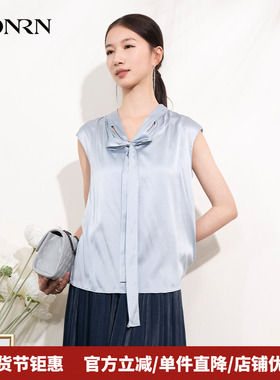 HONRN/红人宽松蓝色薄款桑蚕丝真丝v领系带衬衫女上衣夏HI22SY609