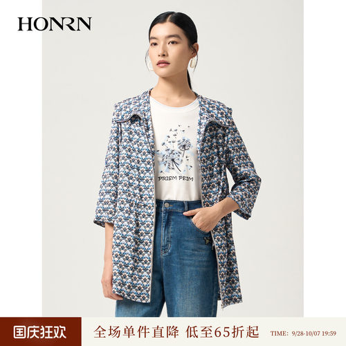 红人碎花连帽收腰七分袖风衣女