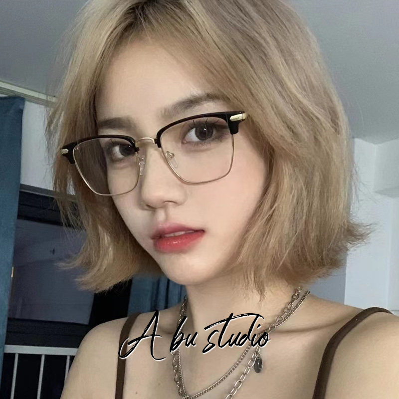 复古半框防蓝光素颜平光镜女可配度数眼镜架韩系方形近视眼镜显