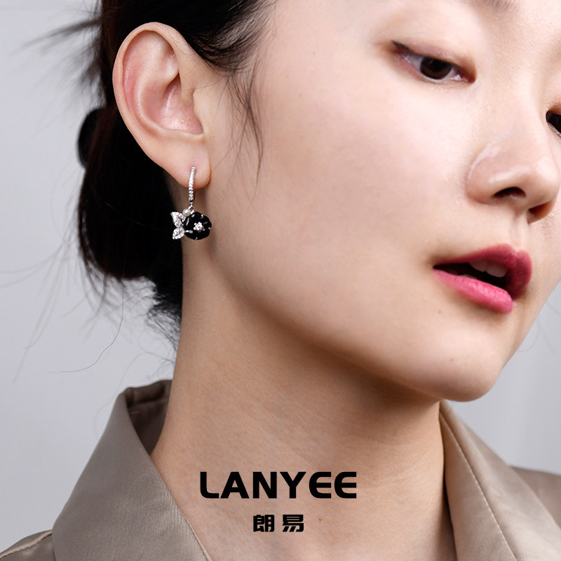 LANYEE黑玛瑙牵牛花耳环纯银铸金镶嵌宝石简约小众珍珠耳坠耳饰女