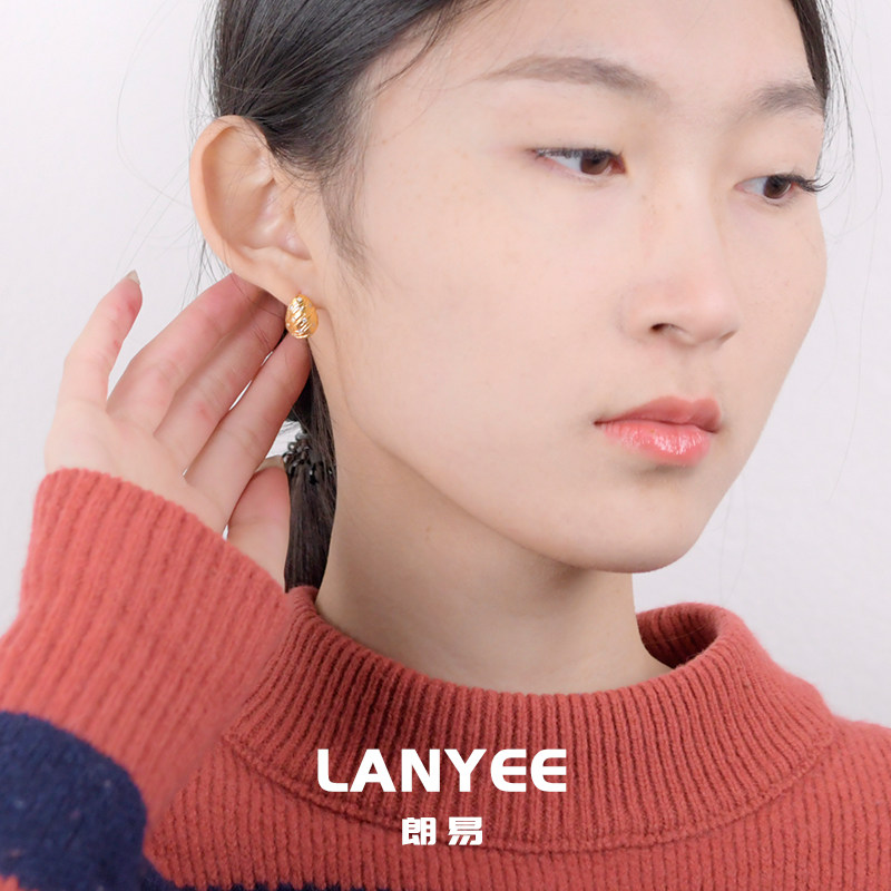 LANYEE水滴褶皱耳钉女纯银铸金钉镶碎钻原创设计时尚轻奢璀璨气质