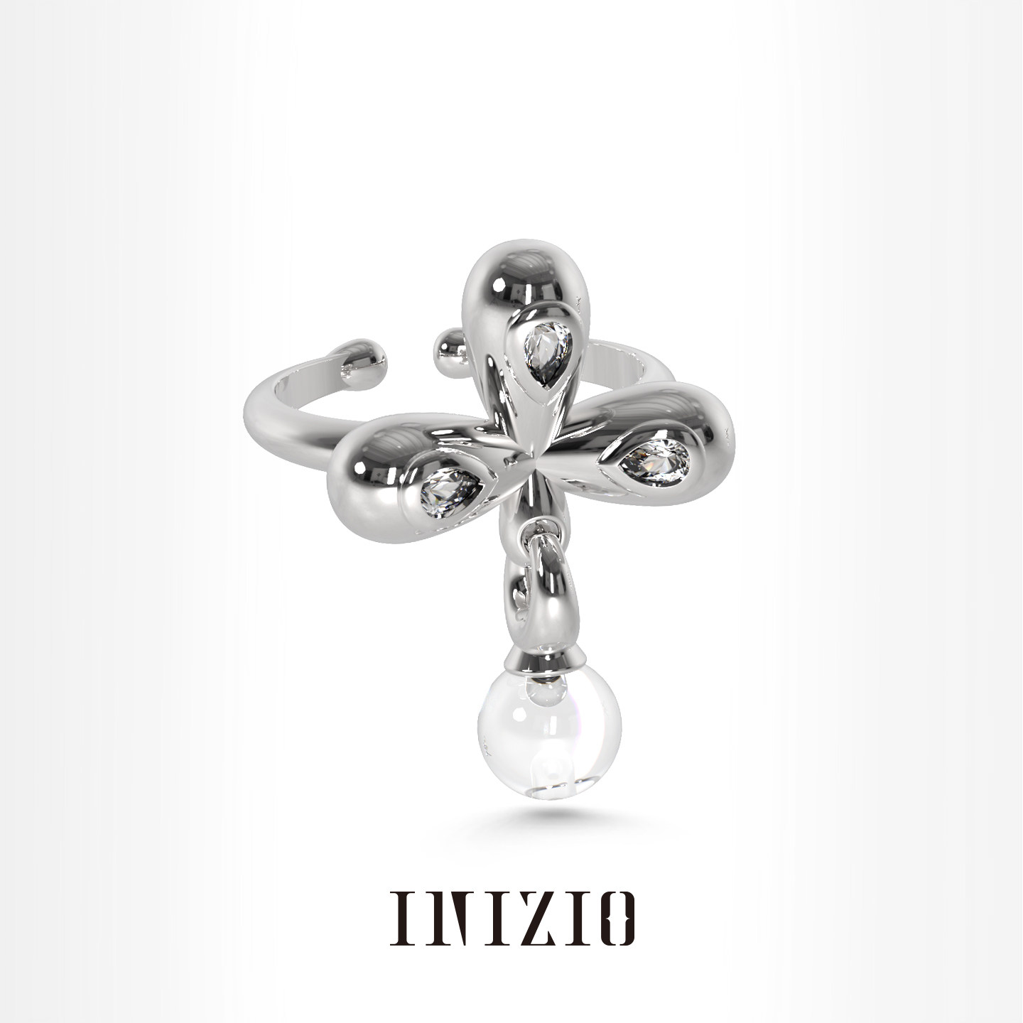 INIZIO 若水十字花戒指天然白水晶原创设计小众高级感气质开口戒