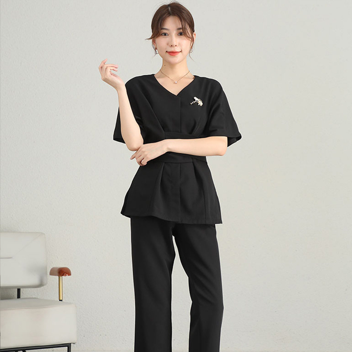 美容师工作服高端美容院女宽松气质养生疗愈技师短袖工服套装黑色