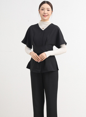 美容院高端美容师工作服女足浴养生馆技师气质短袖套装大码定做秋