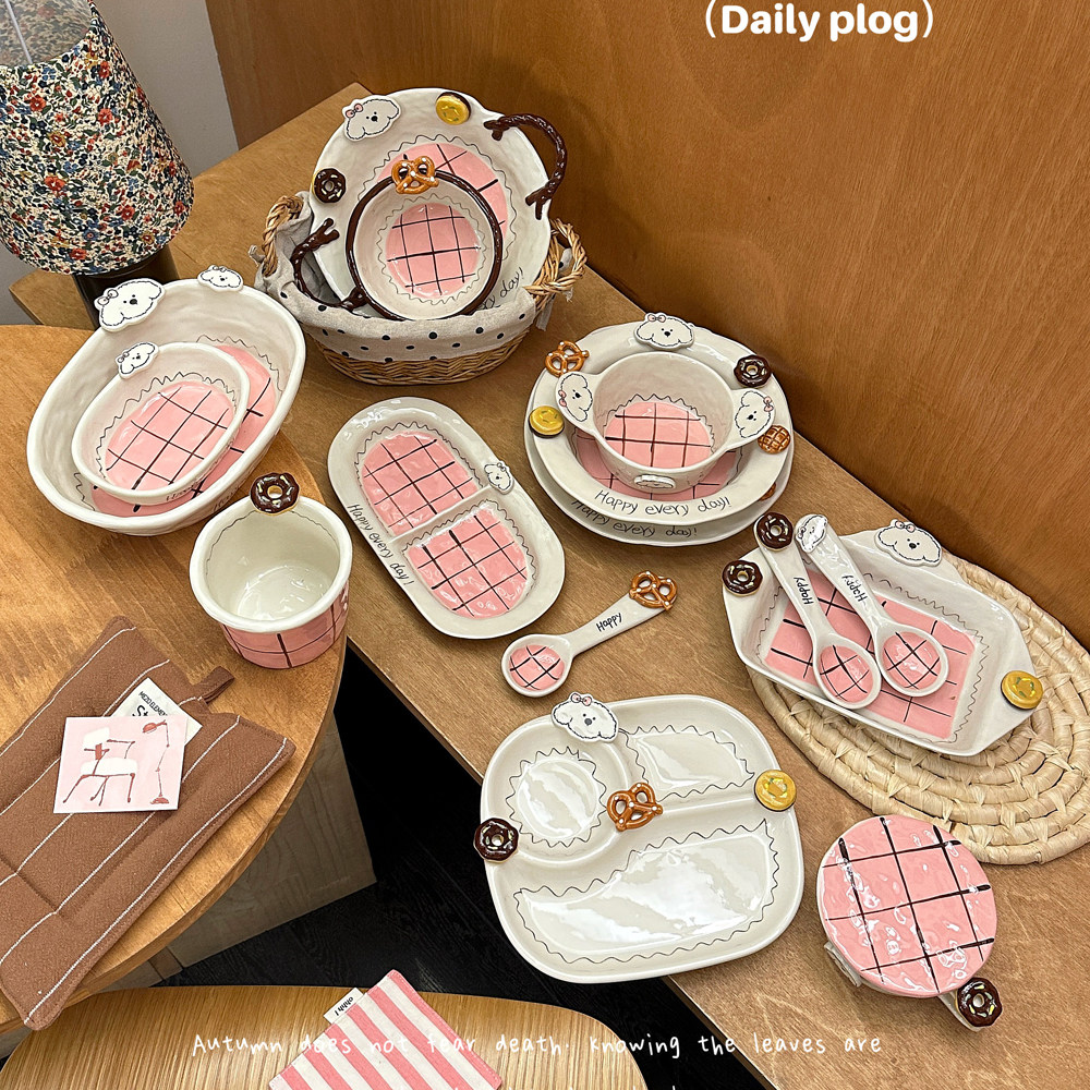 米家粉色泰迪手工釉下彩餐盘