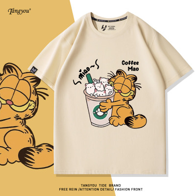 美式卡通加菲猫联名t恤短袖洋气百搭宽松时尚复古宽松纯棉半袖潮