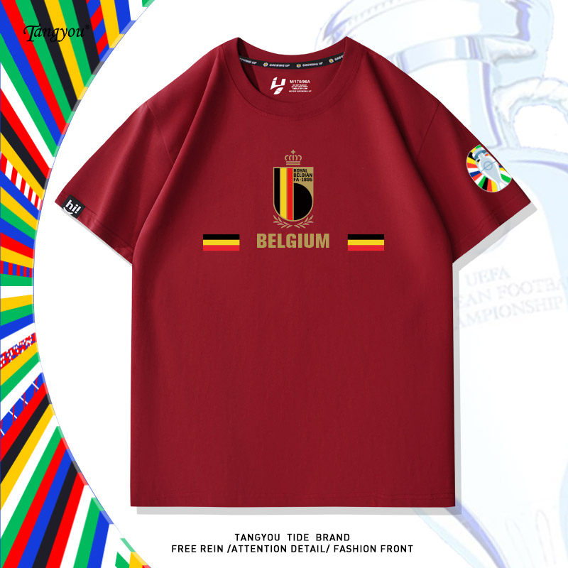 2024德国欧洲杯比利时队球迷纯棉潮流运动短袖休闲足球男士T恤夏