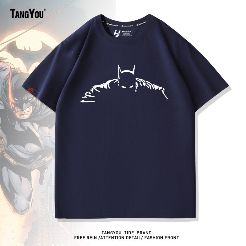 美式卡通蝙蝠侠印花休闲大码短袖t恤男夏季潮牌宽松重磅纯棉半袖